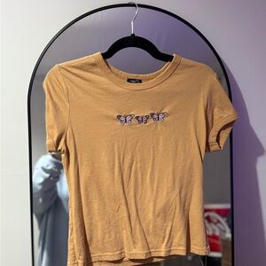 Rue21 Tan Short Sleeve Top with Butterfly Embroidery